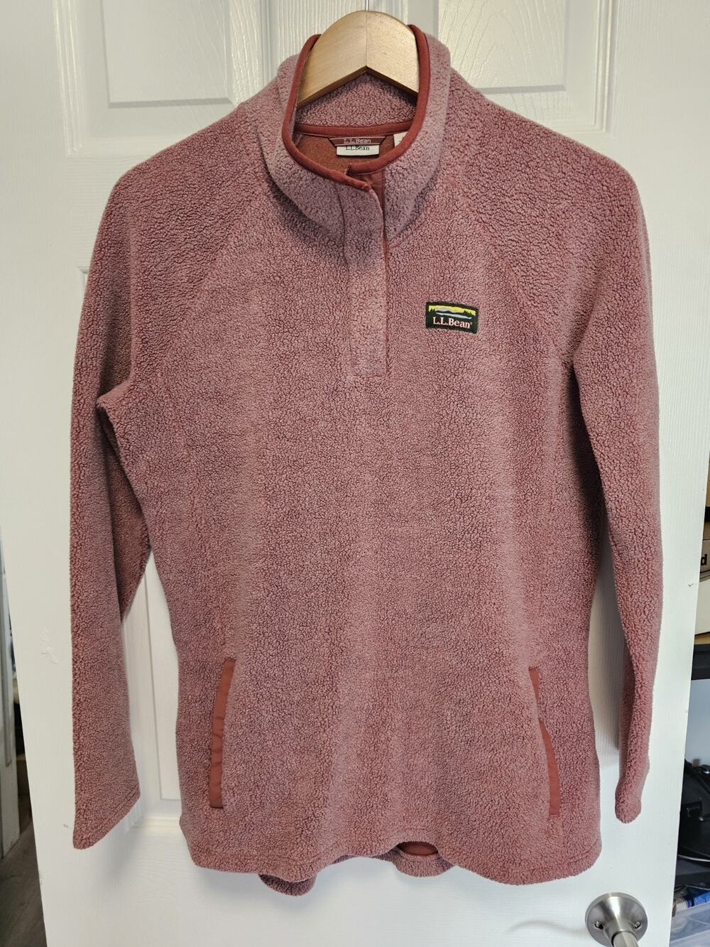 LL Bean Sherpa Fleece Pullover Women Medium Reg Pink Mock Neck Snap